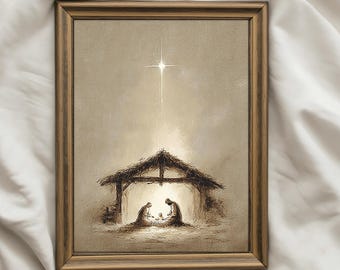 Minimalist Nativity Manger Scene Art Print, Christmas Holy Family Christian Wall Art Prints