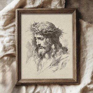 Jesus Christ Art Print, Crown of Thorns Illustration, Christian Wall Decor, Religious Printable, Vintage Jesus Sketch Art Print, Crown of Thorns Illustration, Antique Christian Wall Decor, Religious Printable, Old World Faith Home Decor
