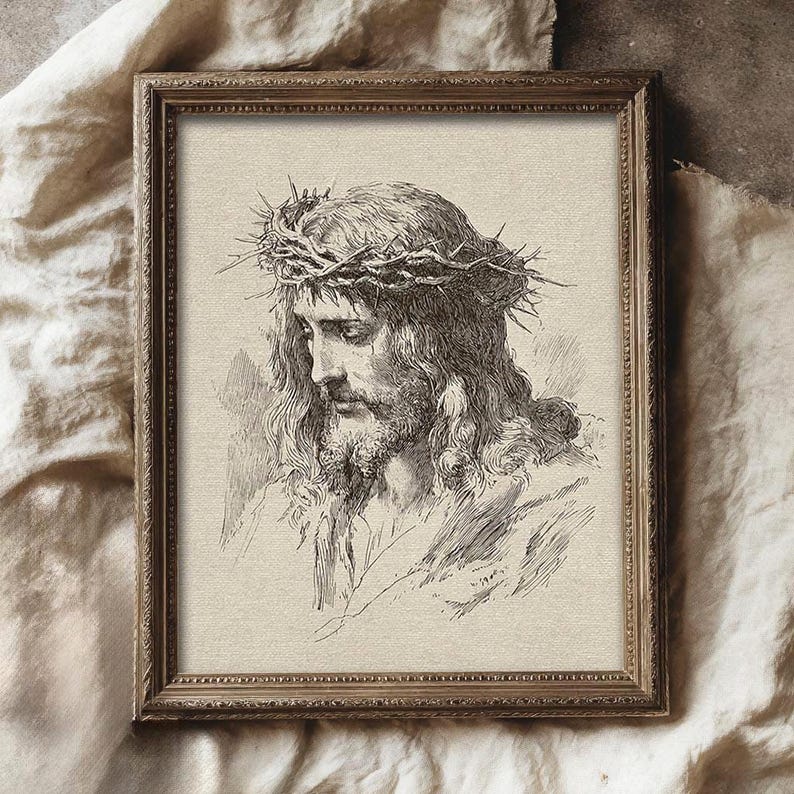 Jesus Christ Art Print, Crown of Thorns Illustration, Christian Wall Decor, Religious Printable, Vintage Jesus Sketch Art Print, Crown of Thorns Illustration, Antique Christian Wall Decor, Religious Printable, Old World Faith Home Decor