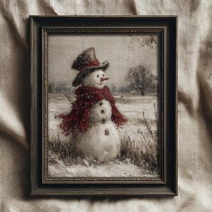 Vintage Snowman Wall Art, Rustic Winter Landscape Painting, Antique Christmas Décor Print, Farmhouse Holiday Printable, Digital Download