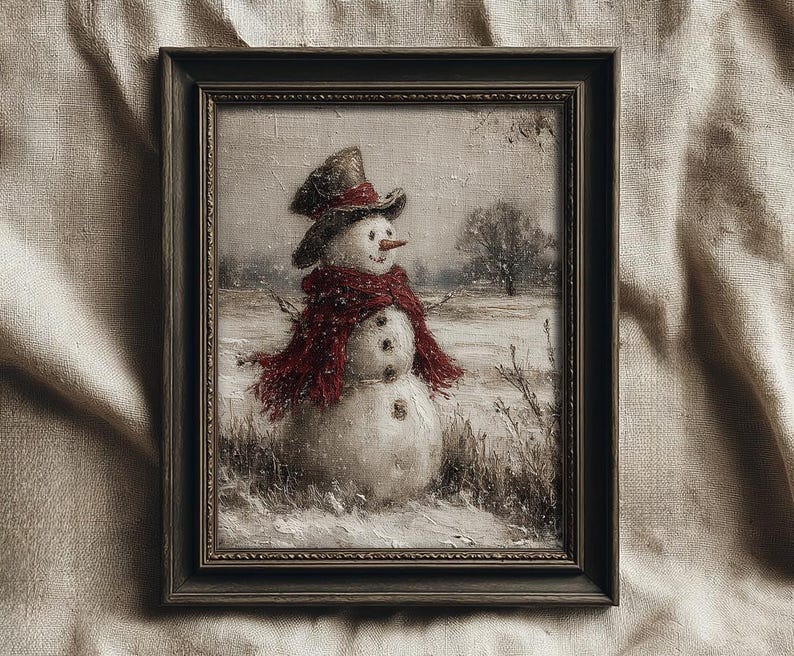 Vintage Snowman Wall Art, Rustic Winter Landscape Painting, Antique Christmas Décor Print, Farmhouse Holiday Printable, Digital Download