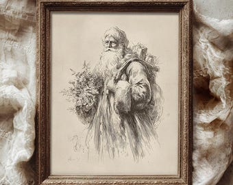 Vintage Santa Claus Sketch Art Print, Rustic Minimalist Neutral Christmas Decor (Digital Download)