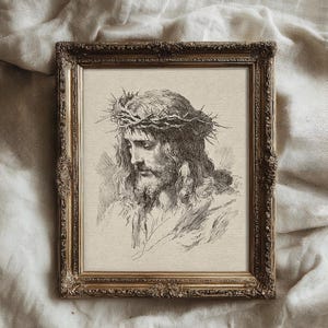 Jesus Christ Art Print, Crown of Thorns Illustration, Christian Wall Decor, Religious Printable, Vintage Jesus Sketch Art Print, Crown of Thorns Illustration, Antique Christian Wall Decor, Religious Printable, Old World Faith Home Decor