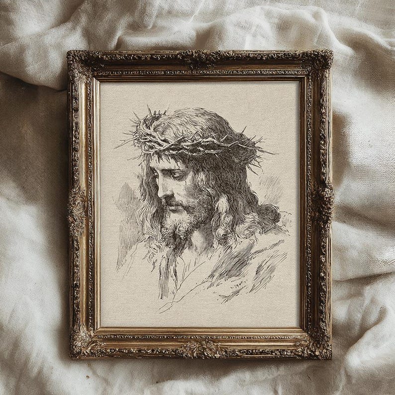 Jesus Christ Art Print, Crown of Thorns Illustration, Christian Wall Decor, Religious Printable, Vintage Jesus Sketch Art Print, Crown of Thorns Illustration, Antique Christian Wall Decor, Religious Printable, Old World Faith Home Decor