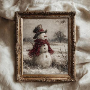Vintage Snowman Wall Art, Rustic Winter Landscape Painting, Antique Christmas Decor Print, Farmhouse Holiday Printable, Digital Download