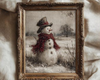 Arte mural vintage de muñeco de nieve, pintura rústica de paisaje invernal, lámina decorativa navideña antigua, lámina navideña estilo granja para imprimir, descarga digital
