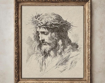 Jesus Christ Art Print, Crown of Thorns Illustration, Christian Wall Decor, Religious Printable