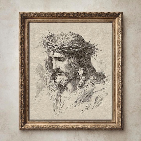 Jesus Christ Art Print, Crown of Thorns Illustration, Christian Wall Decor, Religious Printable