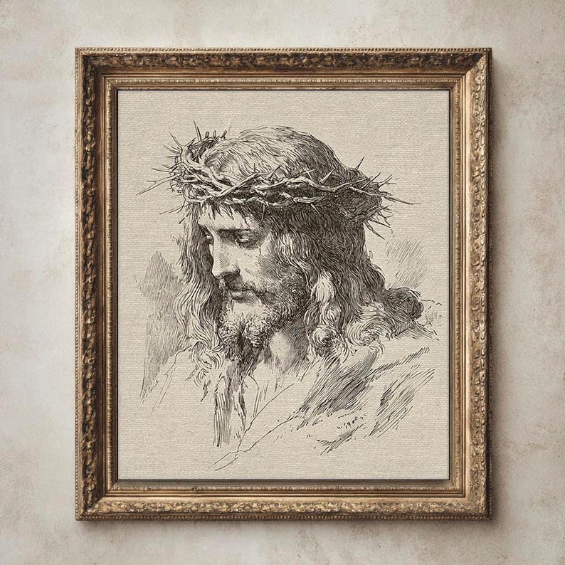 Jesus Christ Art Print, Crown of Thorns Illustration, Christian Wall Decor, Religious Printable, Vintage Jesus Sketch Art Print, Crown of Thorns Illustration, Antique Christian Wall Decor, Religious Printable, Old World Faith Home Decor