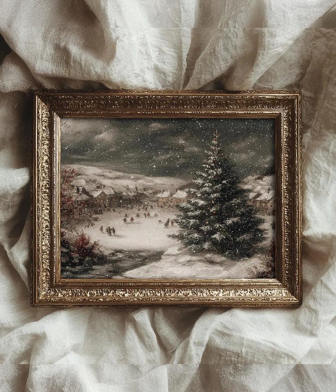 Winter Village Art Print, Vintage Dark Moody Christmas Wall Decor ...