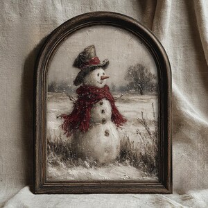 Vintage Snowman Wall Art, Rustic Winter Landscape Painting, Antique Christmas Décor Print, Farmhouse Holiday Printable, Digital Download