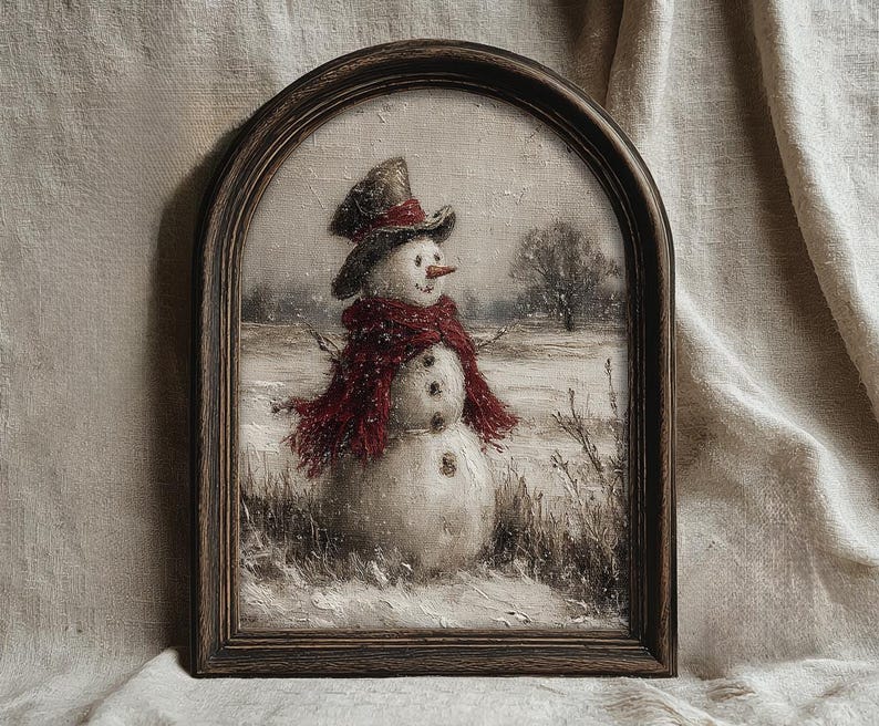Vintage Snowman Wall Art, Rustic Winter Landscape Painting, Antique Christmas Décor Print, Farmhouse Holiday Printable, Digital Download