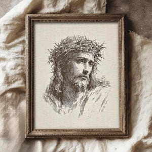Jesus Christ Art Print, Minimalist Christian Line Art Sketch, Religious Holy Bible Wall Decor, Vintage Jesus Portrait Art Print, Crown of Thorns Sketch, Christian Wall Decor, Sacred Religious Artwork, Faith Art