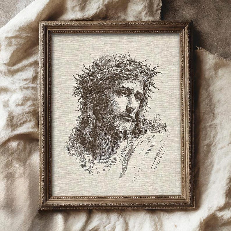 Jesus Christ Art Print, Minimalist Christian Line Art Sketch, Religious Holy Bible Wall Decor, Vintage Jesus Portrait Art Print, Crown of Thorns Sketch, Christian Wall Decor, Sacred Religious Artwork, Faith Art