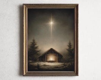Minimalist Vintage Christmas Manger Wall Art: Christian Jesus Nativity Scene, Star of Bethlehem Print