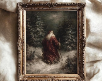 Vintage Weihnachtsmann Kunstdruck, rustikale Weihnachtswandkunst, launische Wintermalerei, antikes Feiertagsdekor, dunkle Cottagecore Weihnachtswaldkunst