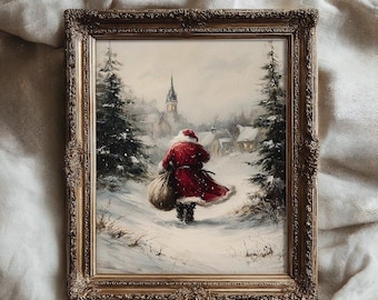 Santa Claus Print, Moody Vintage Style Snowy Forest Landscape, Classical Christmas Holiday Printable