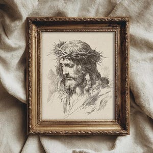 Jesus Christ Art Print, Crown of Thorns Illustration, Christian Wall Decor, Religious Printable, Vintage Jesus Sketch Art Print, Crown of Thorns Illustration, Antique Christian Wall Decor, Religious Printable, Old World Faith Home Decor