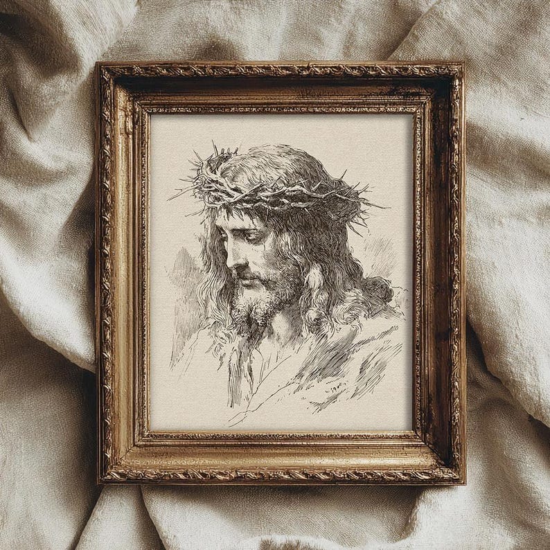 Jesus Christ Art Print, Crown of Thorns Illustration, Christian Wall Decor, Religious Printable, Vintage Jesus Sketch Art Print, Crown of Thorns Illustration, Antique Christian Wall Decor, Religious Printable, Old World Faith Home Decor