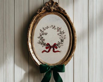 Impresión de corona navideña tradicional, minimalista, vintage, coqueta, para invierno, arte navideño clásico.