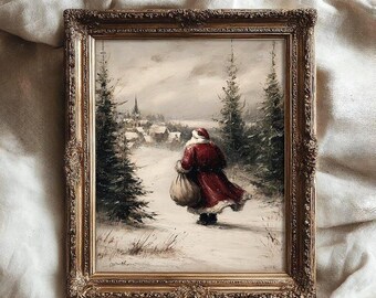 Weihnachtsmann-Walddruck, druckbare Vintage-Weihnachtsdekoration, stimmungsvolle Winterwanddekoration, rustikale Weihnachtskunst