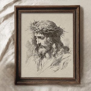 Jesus Christ Art Print, Crown of Thorns Illustration, Christian Wall Decor, Religious Printable, Vintage Jesus Sketch Art Print, Crown of Thorns Illustration, Antique Christian Wall Decor, Religious Printable, Old World Faith Home Decor