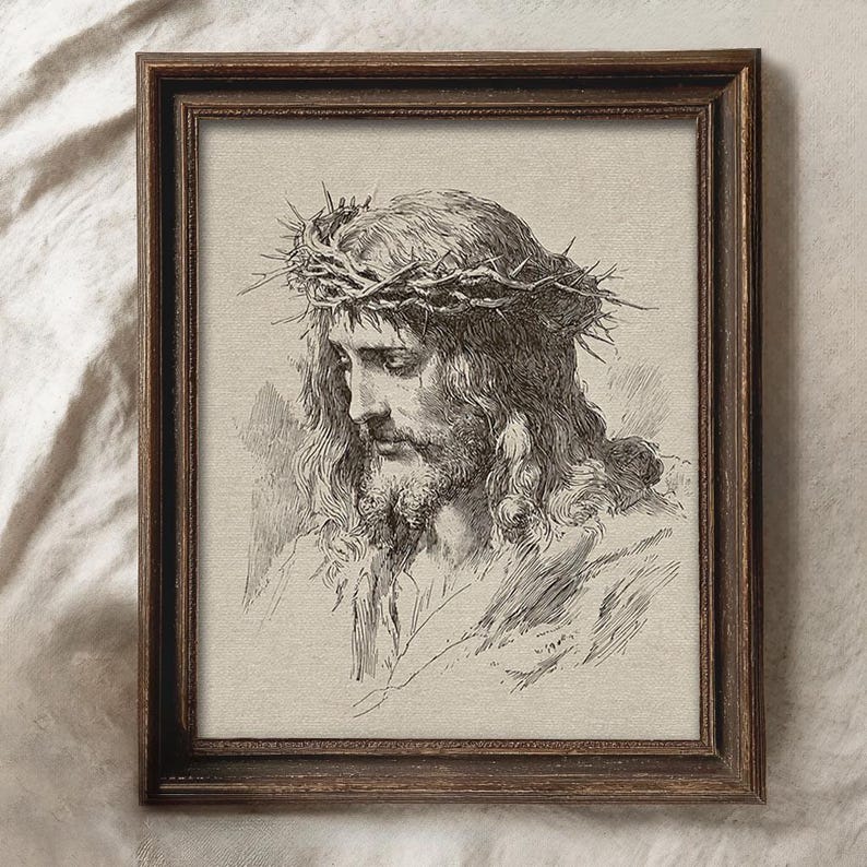 Jesus Christ Art Print, Crown of Thorns Illustration, Christian Wall Decor, Religious Printable, Vintage Jesus Sketch Art Print, Crown of Thorns Illustration, Antique Christian Wall Decor, Religious Printable, Old World Faith Home Decor