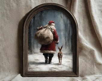 Lámina artística vintage de Papá Noel y renos, imprimible navideño del Viejo Mundo, decoración de pared con un bosque invernal melancólico, obras de arte digitales navideñas clásicas