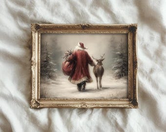 Lámina vintage de Papá Noel y renos, decoración rústica navideña para pared (descarga digital)