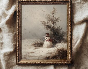 Vintage Snowman Wall Art, Rustic Winter Landscape Painting, Antique Christmas Decor Print, Farmhouse Holiday Printable, Digital Download