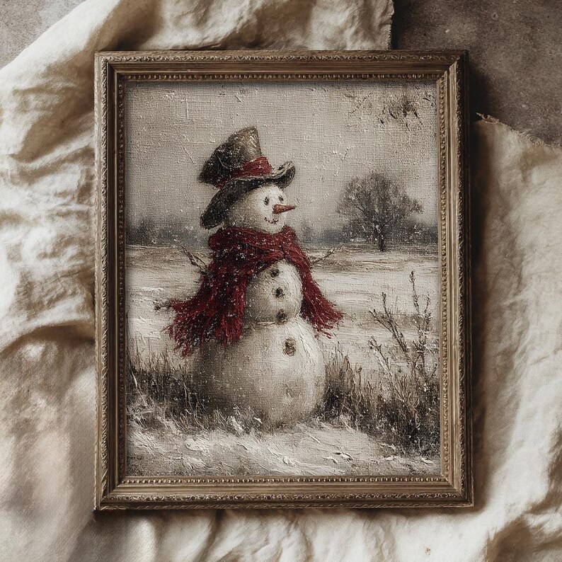 Vintage Snowman Wall Art, Rustic Winter Landscape Painting, Antique Christmas Décor Print, Farmhouse Holiday Printable, Digital Download