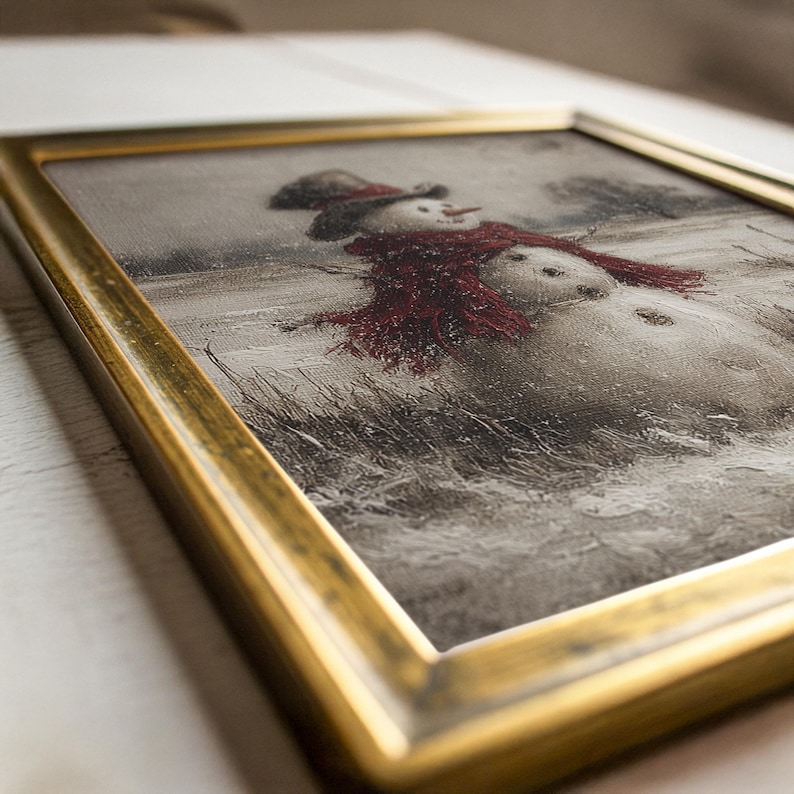 Vintage Snowman Wall Art, Rustic Winter Landscape Painting, Antique Christmas Décor Print, Farmhouse Holiday Printable, Digital Download