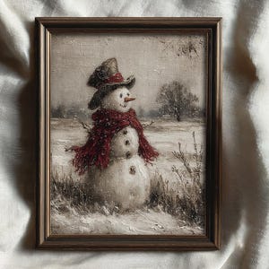 Vintage Snowman Wall Art, Rustic Winter Landscape Painting, Antique Christmas Décor Print, Farmhouse Holiday Printable, Digital Download