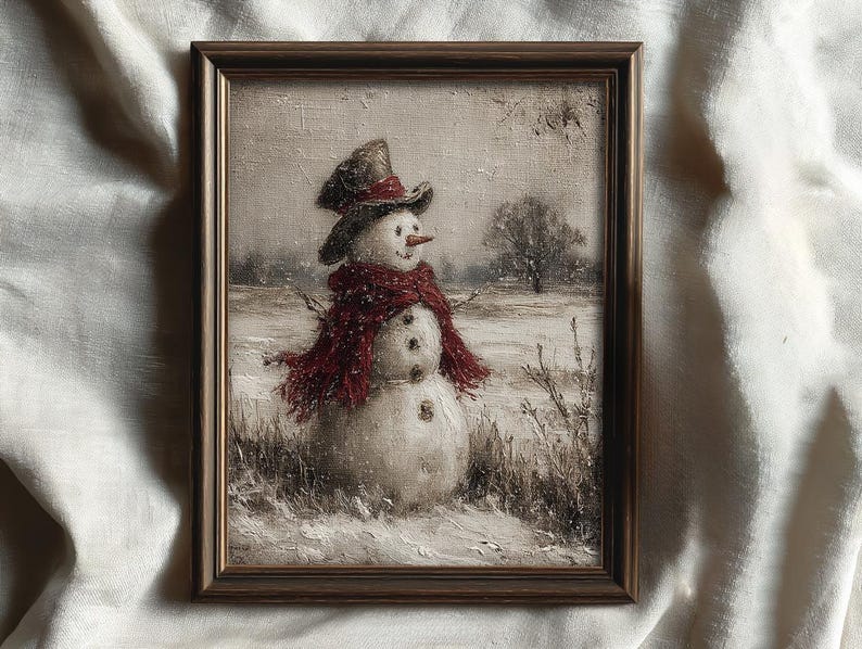 Vintage Snowman Wall Art, Rustic Winter Landscape Painting, Antique Christmas Décor Print, Farmhouse Holiday Printable, Digital Download