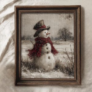 Vintage Snowman Wall Art, Rustic Winter Landscape Painting, Antique Christmas Décor Print, Farmhouse Holiday Printable, Digital Download