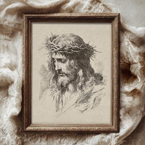 Jesus Christ Art Print, Crown of Thorns Illustration, Christian Wall Decor, Religious Printable, Vintage Jesus Sketch Art Print, Crown of Thorns Illustration, Antique Christian Wall Decor, Religious Printable, Old World Faith Home Decor