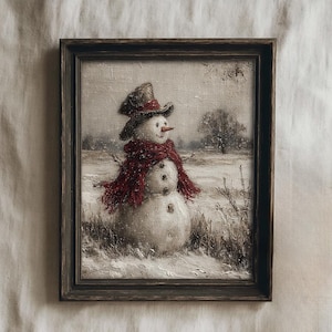 Vintage Snowman Wall Art, Rustic Winter Landscape Painting, Antique Christmas Décor Print, Farmhouse Holiday Printable, Digital Download