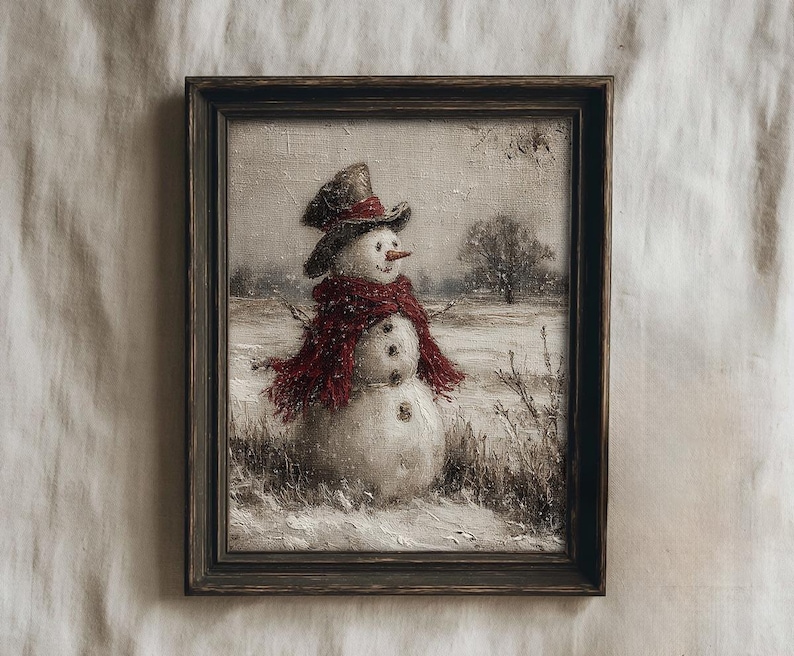 Vintage Snowman Wall Art, Rustic Winter Landscape Painting, Antique Christmas Décor Print, Farmhouse Holiday Printable, Digital Download