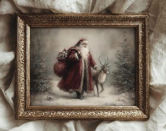 Lámina vintage de Papá Noel y renos, decoración navideña antigua para pared (descarga digital)