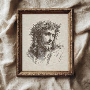 Jesus Christ Art Print, Minimalist Christian Line Art Sketch, Religious Holy Bible Wall Decor, Vintage Jesus Portrait Art Print, Crown of Thorns Sketch, Christian Wall Decor, Sacred Religious Artwork, Faith Art