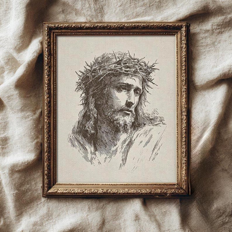 Jesus Christ Art Print, Minimalist Christian Line Art Sketch, Religious Holy Bible Wall Decor, Vintage Jesus Portrait Art Print, Crown of Thorns Sketch, Christian Wall Decor, Sacred Religious Artwork, Faith Art