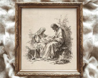 Nativity Scene Sketch Art Print, Vintage Holy Family Manger Line Art, Christian Christmas Decor