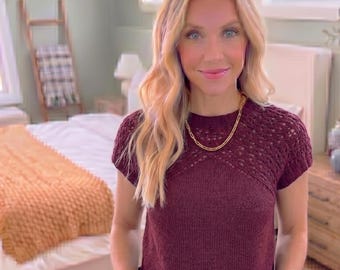 Modèle de tricot de pull raglan d'été en dentelle, pull d'été de haut en bas, modèle de t-shirt en tricot facile, haut en tricot léger à manches courtes pour femmes
