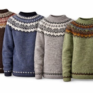 Può includere: Quattro maglioni di lana nei colori marrone, blu, grigio e verde. Ogni maglione presenta un motivo a girocollo con disegni bianchi, neri e di altri colori. I maglioni hanno polsini e orli a coste.