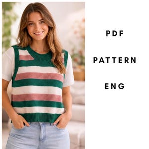 May include: A knitted vest with horizontal stripes in green, white, and mauve. The vest is worn over a white t-shirt and blue jeans. The text "PDF PATTERN ENG" is displayed on the right side of the image.