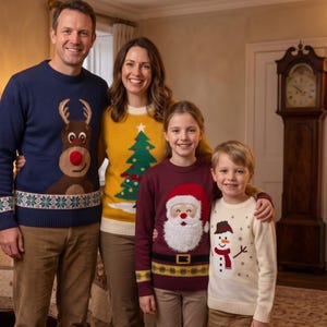 May include: A family of four wearing festive holiday sweaters. The adult on the left wears a navy blue reindeer sweater, the adult on the right a yellow Christmas tree sweater, the girl a burgundy Santa sweater, and the boy a cream snowman sweater.