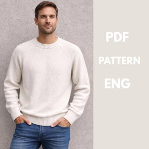 Patrón de tejido de suéter raglán clásico para hombre en PDF – Jersey sin costuras de arriba a abajo – Agujas circulares – Tallas S-XXL – Descarga instantánea