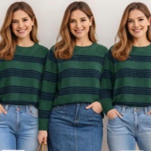 Op de afbeelding: Drie vrouwen dragen groene truien met marineblauwe horizontale strepen en een spijkerbroek. De truien hebben een ronde hals en lange mouwen. De vrouwen lachen en kijken in de camera.