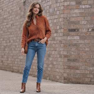 May include: A rust-colored long-sleeve knit sweater with a mock neck and ribbed texture, paired with blue denim jeans featuring a brown leather belt, and brown leather ankle boots. A brown leather shoulder bag hangs at the side.