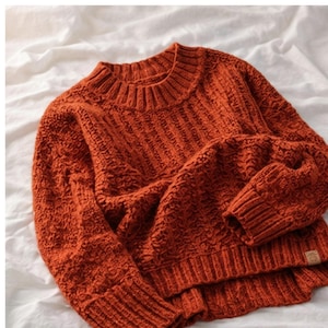 Pode incluir: Um suéter de malha cor ferrugem com gola redonda e punhos canelados. O suéter tem um design de malha grossa e texturizada e uma pequena etiqueta no canto inferior direito. A peça de roupa é exibida em uma superfície branca.